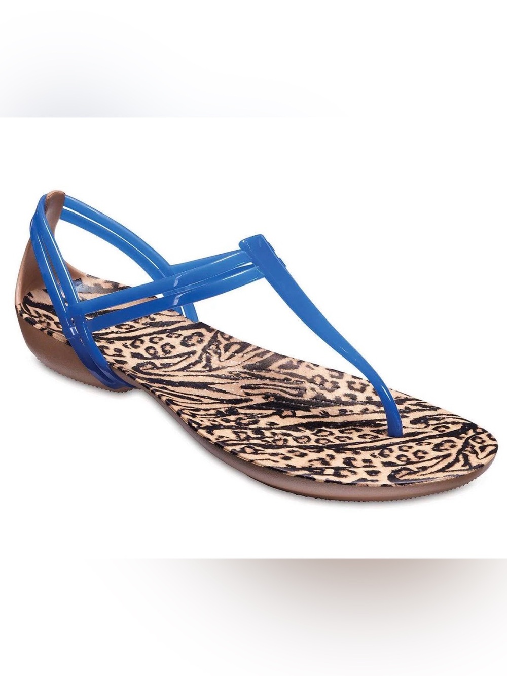Crocs Isabella T-strap Thong Sandals Blue Strap Animal Print Footbed Women’s 10